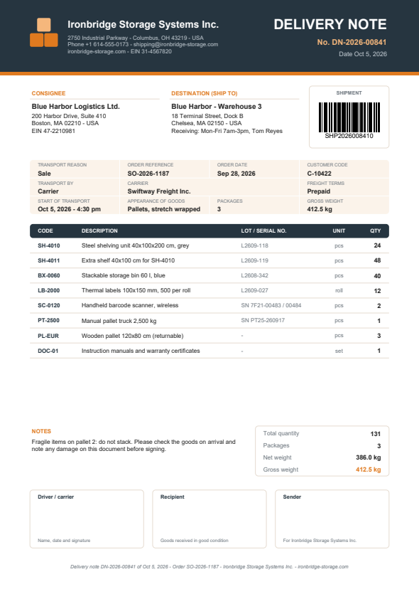 Delivery note preview