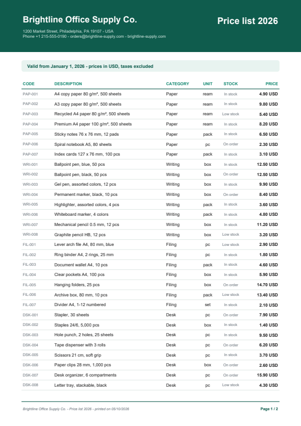 Price list preview