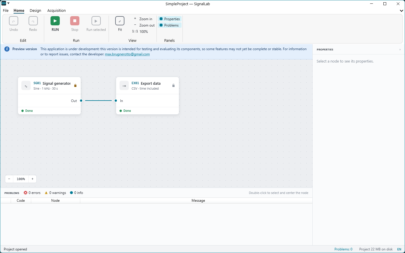 Node editor: compose the processing chain and press RUN